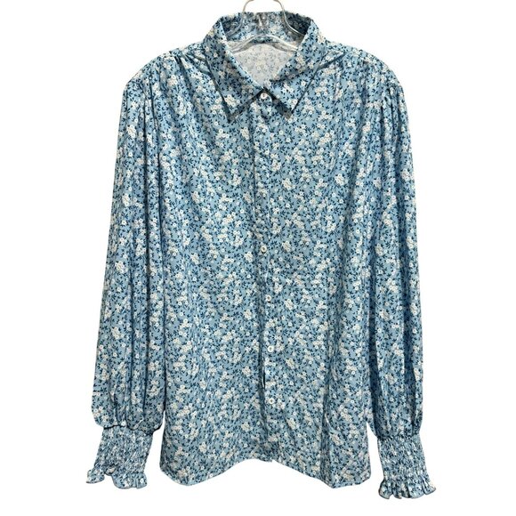 Blue & White Ditsy Floral Button Front Blouse 2X PLUS Smocked Cuffs Feminine - Picture 1 of 7